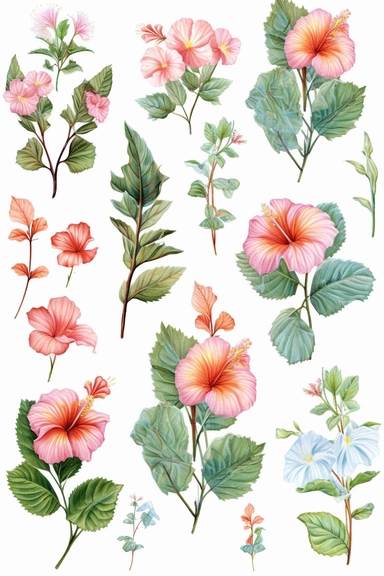 Watercolor flower, all colors of hibiscus floral garden Bouquets PNG Clipart, wedding digital wildflower green leaves herbs Lisima