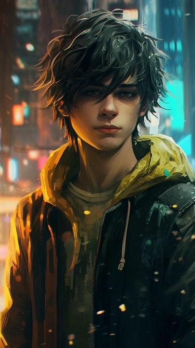 beautiful stunning pretty vintage cyberpunk anime boy, paint art style, clipart, city landscape background, superrealistic, one of a kind