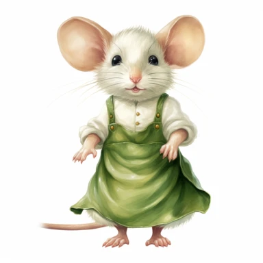 clipart vector image with plain white background of a watercolor painting of a white mouse standing. wearing a green skirt and a light green apron. extremely detailed.