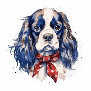watercolor clipart illustration of a cavalier king charles spaniel wearing a bandana, red white and blue, hand painted details, clean and simple designs, solid background color, spaced out