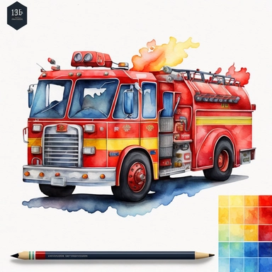 watercolor firetruck clipart, individual, with blank background, vibrant colors