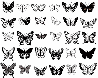 create lineart clipart of butterflies, clean bold black lines, simple designs, isolated on a white background, wide margins, high quality, high contrast