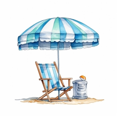Watercolor Beach Chair, sky, beach, umbrella, ball, Summer party, Swim ring clipart on the beach, white background, detailed, 8K