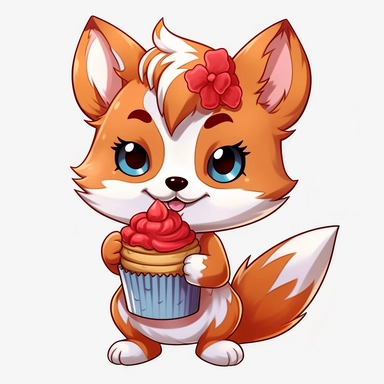 cute chibi cartoon style kitsune eating a cupcake, no background, clipart