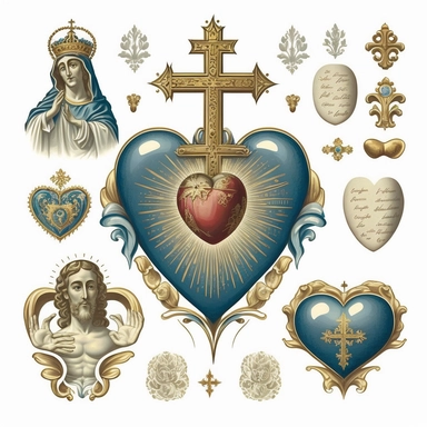 catholic imagery, icons, sacred heart, holy relics, handpainted , clip art sheet, blue accents, on white background