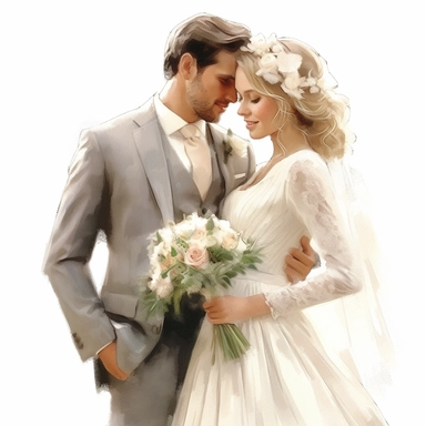 Wedding bride and groom, clipart, white background, in the style of elegant realism, muted and subtle tones, detailed painting, transparency and lightness
