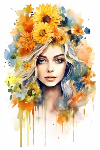 flower therapy digitally hand-drawn portrait by kinopidi, watercolor, clipart