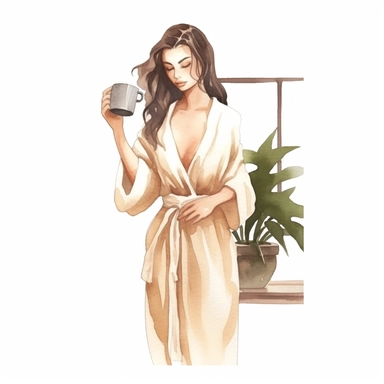 a watercolor sticker of a woman in white dress watering a big house plant. Clipart. Neutral beige faded color palette. White background. Artistic illustration. Hand-drawn.