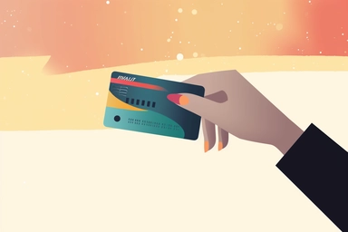 commercial clipart, female hand, flying credit card, trendy colors, minimalistic style, negative space