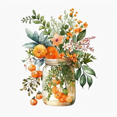 watercolour orange fruit bouquet in a glass jar clipart with orange flowers and leaves and flora in white background