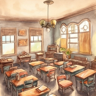 Create a beautiful watercolor clipart image of a classroom. The focus should be on the teacher and students, who are all engaged in a lively discussion about a literary work. The details should be crisp and clear, with gentle and pastel colors to give the image a serene and peaceful feel. The background should be white. The clipart should convey the warmth and camaraderie that exists in a classroom environment