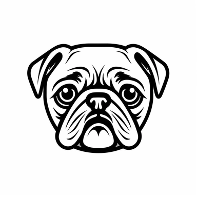 Simple outline of a front - facing crooked head happy Pug dog head peeking with front paws, cute clipart, flat 2d vector, minimalist, black and white, kids cartoon, svg cut file, line art drawing, white isolated background