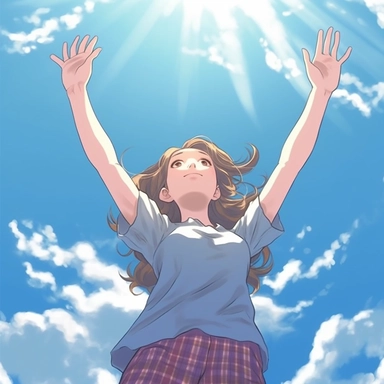 A hand drawn illustration clipart of a girl reaching out in the Sky. webtoons, detailed and realistic hands, plain uniform sky, set on interstellar space,bright summer day, by Du Qiong,connecting life,