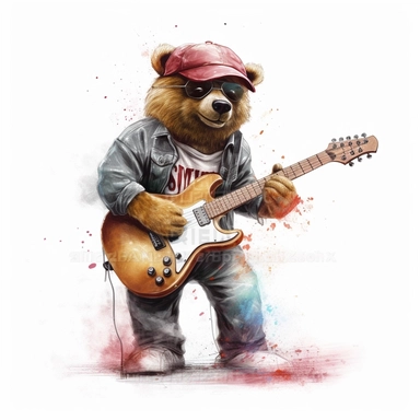 a watercolor of a realistic teddy bear, with a quitar, rock band style, vector free clipart illustration, in the style of unreal engine 5, 32k uhd, detailed features, white background