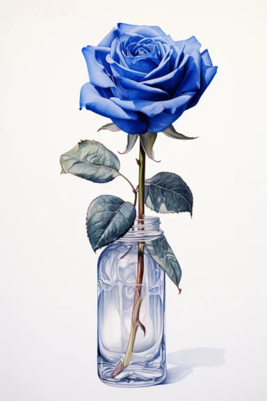 A highly detailed watercolor and pencil drawing of a clipart of blue Rose in a vase gracefully showcased on a isolated white background,, The flower is meticulously rendered, capturing the intricate details of its petals, stamen, and sepals. The combination of watercolor and pencil techniques adds depth and dimension to the drawing, with the watercolor providing soft washes of color and the pencil adding fine lines and delicate shading. The drawing highlights the flower's elegant structure,empha
