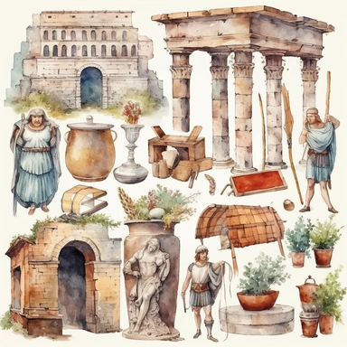 Watercolor roman forum with roman people trading, illustrations clipart set, simple, , cartoon elements, different variants , iron elements, marble elements, cloth elements, herbal elements, earthenware elements, separate elements with a margin