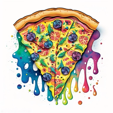 Create a colorful and vibrant clipart of a pizza with psychedelic colors and trippy patterns, using a simple watercolor technique on a white background. Include surreal elements like melting cheese, dripping sauce, and swirling patterns. Use a limited color palette to create a cohesive and eye-catching design. Prompt: a pizza with psychedelic colors and trippy patterns, using a simple watercolor technique on a white background, with surreal elements like melting cheese, dripping sauce, and swirl