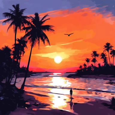 Sunset Clipart in watercolor, Palm Tree Beach, birds, man on beach, hd, color-splashed, masterpiece, close to perfection, rich colors, hyper realistic, white backgraound, 8k v 5.1 ar 16:9 s 300