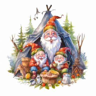 Christmas Gnome, Clipart Gnomes happy and funny camping , watercolor illustration, white background for removing Background