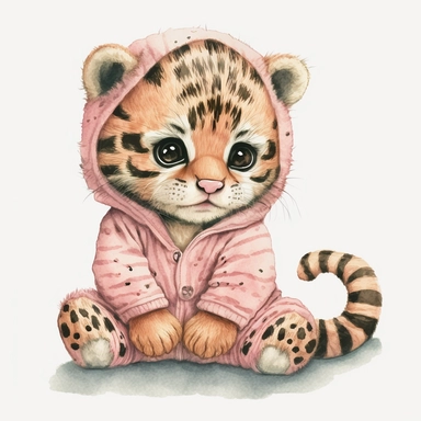 watercolor and pencil sketch of happy cute baby tiger with big eyes wearing baby pajamas, pastel pink, hyper detailed, white background, 4k, hd, Clipart