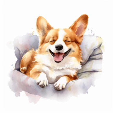 Cuddly Corgi lounging on a fluffy cushion, with a contented smile on its face, enjoying a moment of relaxation, white background, watercolor clipart.