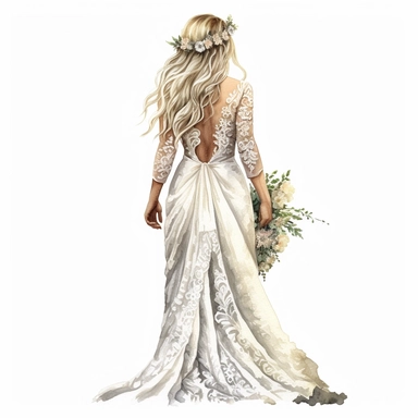 watercolor, hyper realistic, white background, white margins, 16k, ultra detailed clipart, cut out image, hand-drawn back view of a bohemian bride wearing a free-spirited wedding dress with lace inserts, open back, and cascading ribbons or floral details.