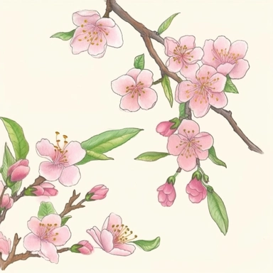 sakura drawing clipart art free, in the style of intricate, delicate flower and garden paintings, light magenta and emerald, miniature and small-scale paintings, precisionist art, whimsical watercolors, decorative relief, light pink and light brown