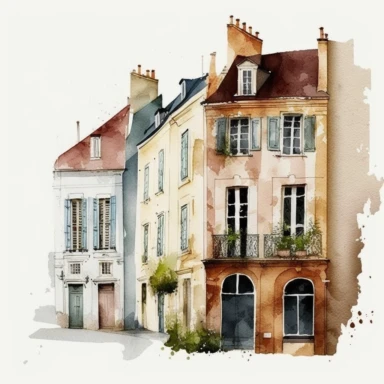 Watercolor French old buildings Clipart, white background, no captions