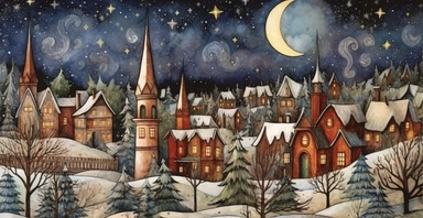 peaceful Christmas eve in the village, at dusk, intricate, ornamental watercolour clipart