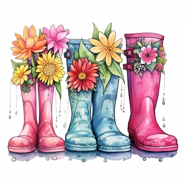 Spring Garden Rain Boots Design - Rain Boots with Flowers Clipart style by Lucy Fleming, watercolor, smooth gradients, black contour outline, ultra detailed, clipart elements, delicate pastel colors, solid white background, super clear, high quality
