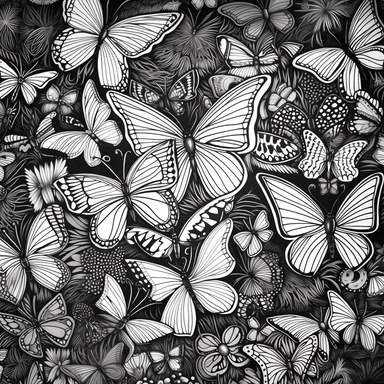 black and white coloring page for adults, lots of butterflies , in the style of ominous vibe, monochromatic white figures, fine lines, creative commons attribution, wallpaper, childs drawing, animated exuberance, no shading, clipart