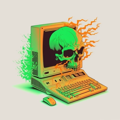 tan retro computer engulfed in orange flames, green evil skull escaping computer screen, no keyboard, neutral colors, 1980s retro style, clipart, line drawing, simple drawing, simple logo