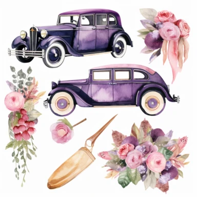 Wedding transportation, such as limousines, vintage cars, watercolor png clipart on a white background