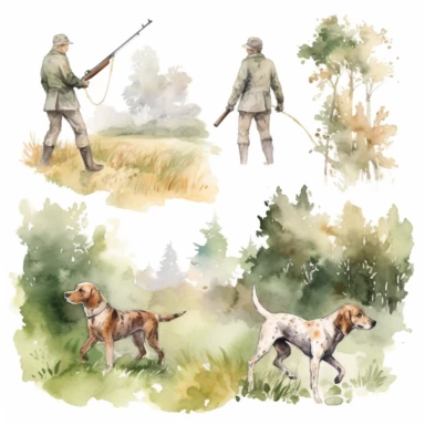 watercolor hunting scene in forest or fields on white background with setter and pointer dogs pointing , illustrations clipart set, simple, , cartoon elements ,different variants , natural elements, separate elements with a margin, ,4k, high resolution, , natural colors, green tones, earthy tones