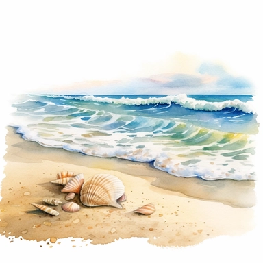 Make a clipart of a watercolor painting of a beach scene with waves, sand, and seashells. No Background