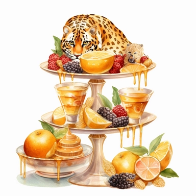 sweet colorful, gold, watercolor, honey Lemons Clipart, Macaroon,cupcake, variety of fruit juice drippin, on luxury stand, luxury Icon Set, with cheetah, detailed, isolated white background, hand painting , single design