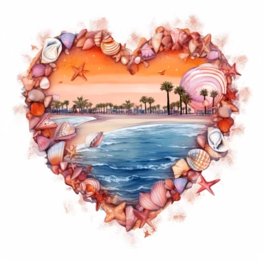 Orange beach heart shape, illustration clipart, detailed, black outline, white background, digital art, watercolor