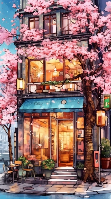 Very very cute and Whimsical quirky Jazzy coffee shop, building corner, cherry tree blossom, Raining colorful, Watercolored illustration in the style of Michael Powell, clipart, city vibe background - 8K
