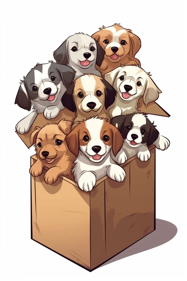 a box filled with cute puppies vector clip art, on a solid white background with no shadows or shadding, tshirt design, vector artwork, white background, clean design