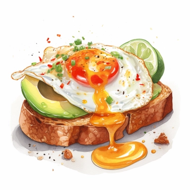 watercolor, hyper realistic, white background, white margins, 16k, ultra detailed clipart, cut out image, hand-drawn illustration style for picture books A plate of avocado toast with a poached egg and a drizzle of sriracha, warm orange-brown color theme