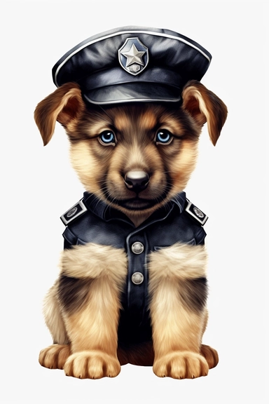 cute baby german shepherd police officer, unique, clipart, adorable, watercolor, realistic, 8k, high quality, no background