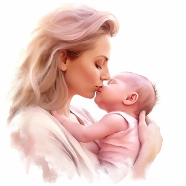 Illustrate a poignant watercolor clipart of a mother gently kissing her baby girl on the lips in soft pastel pink. Their faces are close, capturing a tender moment of shared affection. Their expressions should be depicted with intricate details and realism, set against a white background.