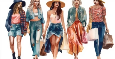 a multicultural fashion group of girls friendships in Paris going for shopping , Watercolour Boho, Clipart, on a white background, detailed, 8k, photographic, realistic