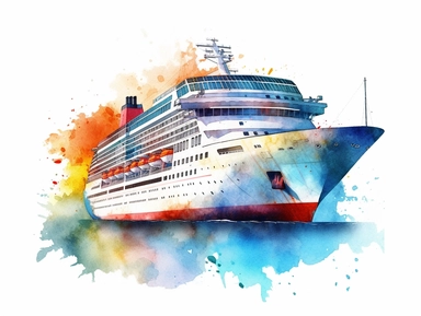 Watercolor clip art on white background, cruise ship, Clipart, high-resolution image with vibrant and true-to-life colors, isolated