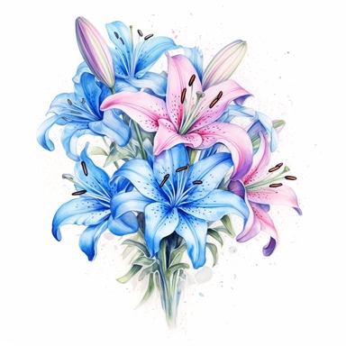 a bouquet of bright stargazer lilies with blue tiny flowers , color pencil sketch on a white background for clipart
