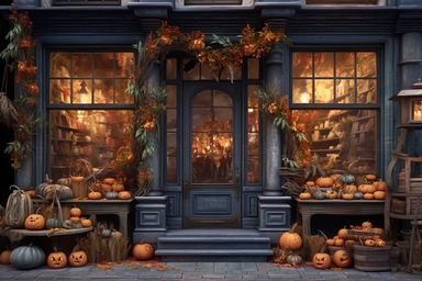 front store facade halloween background stock clipart download, in the style of lilia alvarado, louis aston knight, blue and amber, hyperrealistic rendering, cluttered, greg olsen, striped arrangements