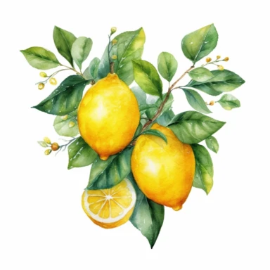 natural clipart, yellow heart made by frame of lemons, white background, yellow lemons in the left down and leaves, natural, realistic tone and sharp details watercolor