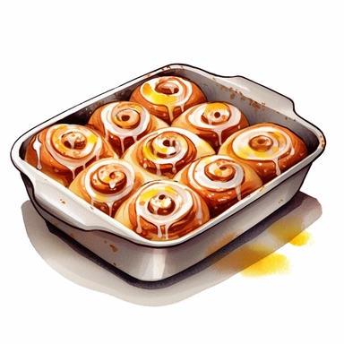 a cozy watercolor clipart image with a white background, showcasing a tray of warm and golden cinnamon rolls, drizzled with icing and sprinkled with cinnamon.