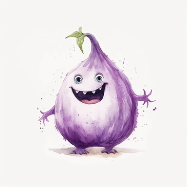 water colour clipart, a beautiful eggplant monster , smiling, simple, minimal, big teeths, cute, happy, realistic. white background