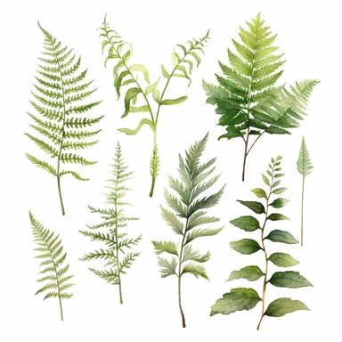 clipart of forest ferns, watercolor, white background, 8k